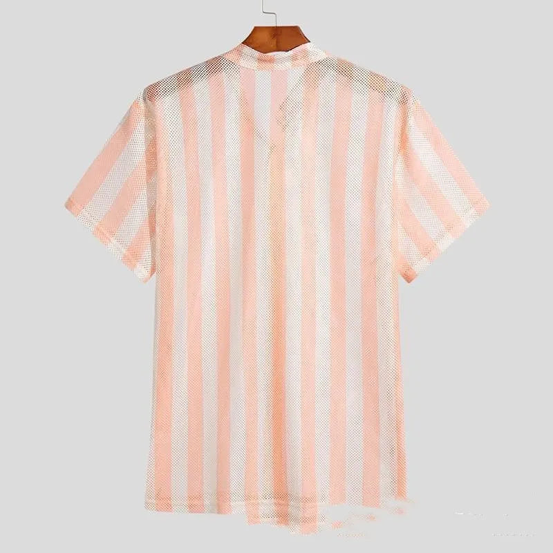 Pink men's waffle weave summer cardigan showing loose fit and short sleeve design