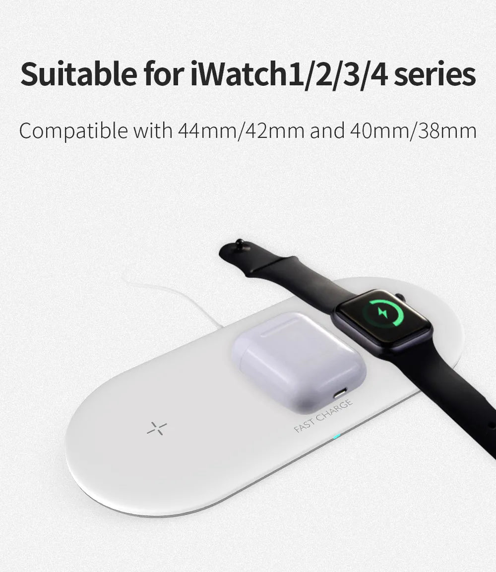 White three-in-one wireless charging station for Apple iPhone, iWatch and headphones on a desk.