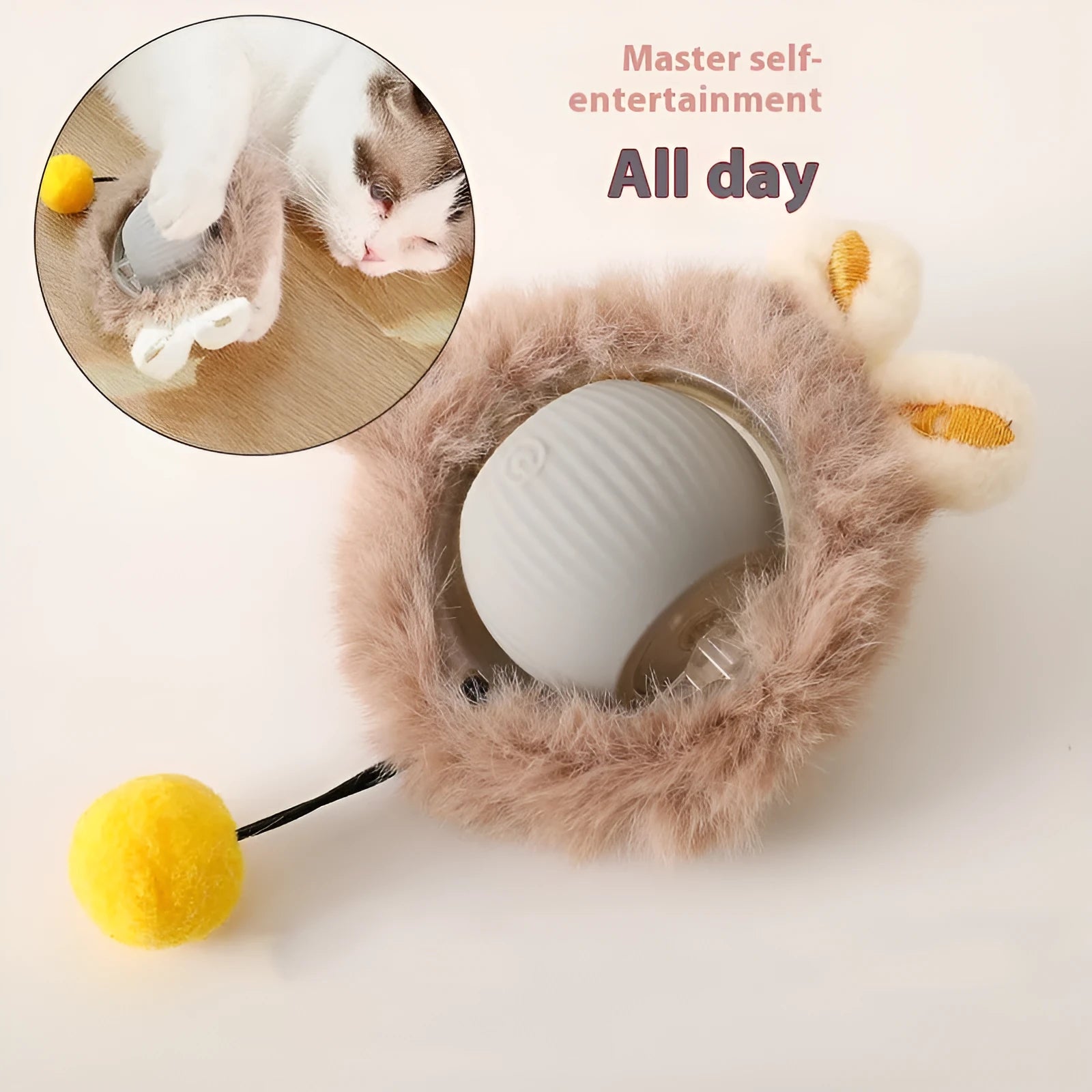 Silicone cat rolling ball toy with plush interior in red, green, and grey colour options