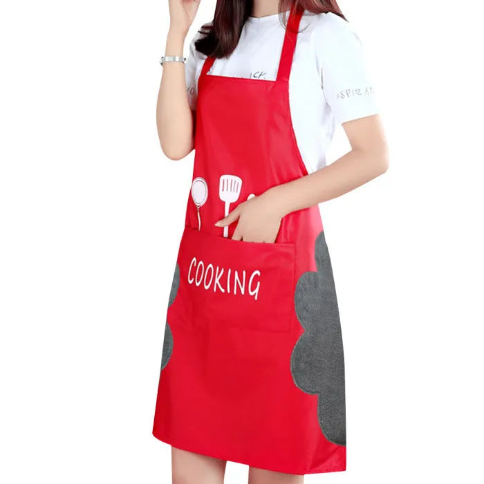Korean-style waterproof sleeveless kitchen apron in coral velvet, shown in available colours including bear patterns.
