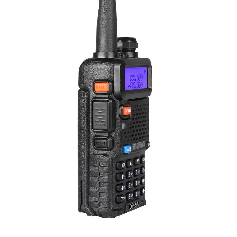 Black dual band walkie talkie with antenna showing LCD display and keypad