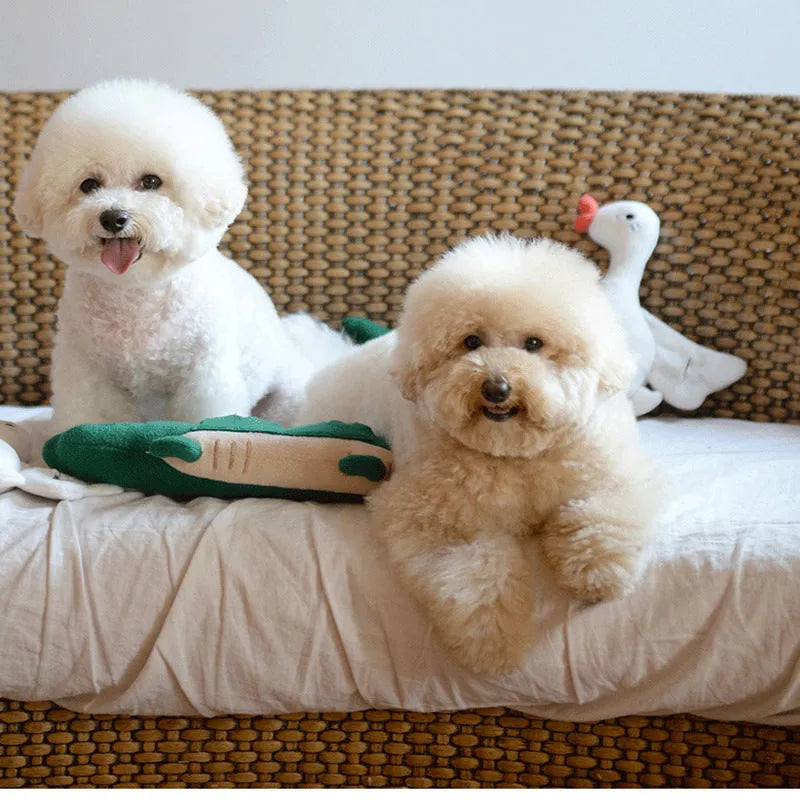 Green plush toy dog interactive pet companion measuring 35cm by 18cm