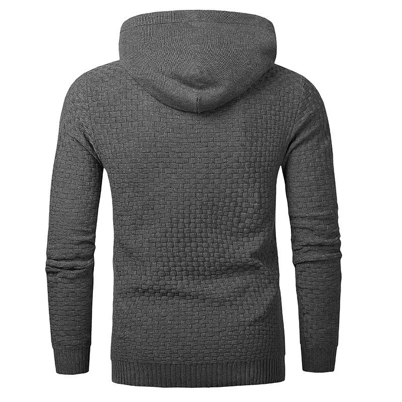Men's black cotton-polyester hooded sweatshirt on a hanger, size label visible.