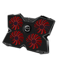 Laptop cooling base with four LED exhaust fans, USB ports, and control switches on blue or red background