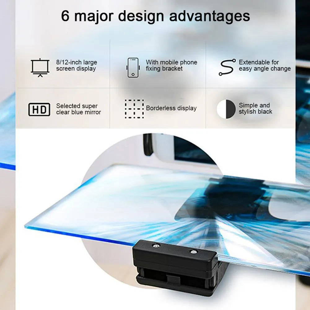 Black adjustable mobile phone stand with 12-inch acrylic screen amplifier display on 360-degree rotating bracket