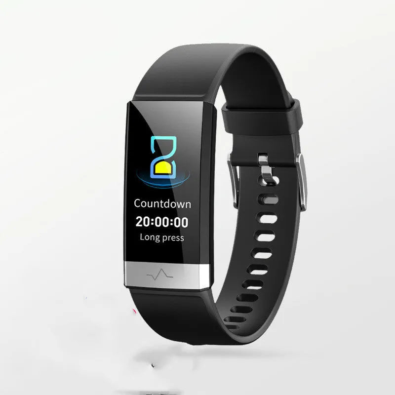 V19 smart bracelet in black, blue, or red on a wrist, showing its colour display with health metrics.