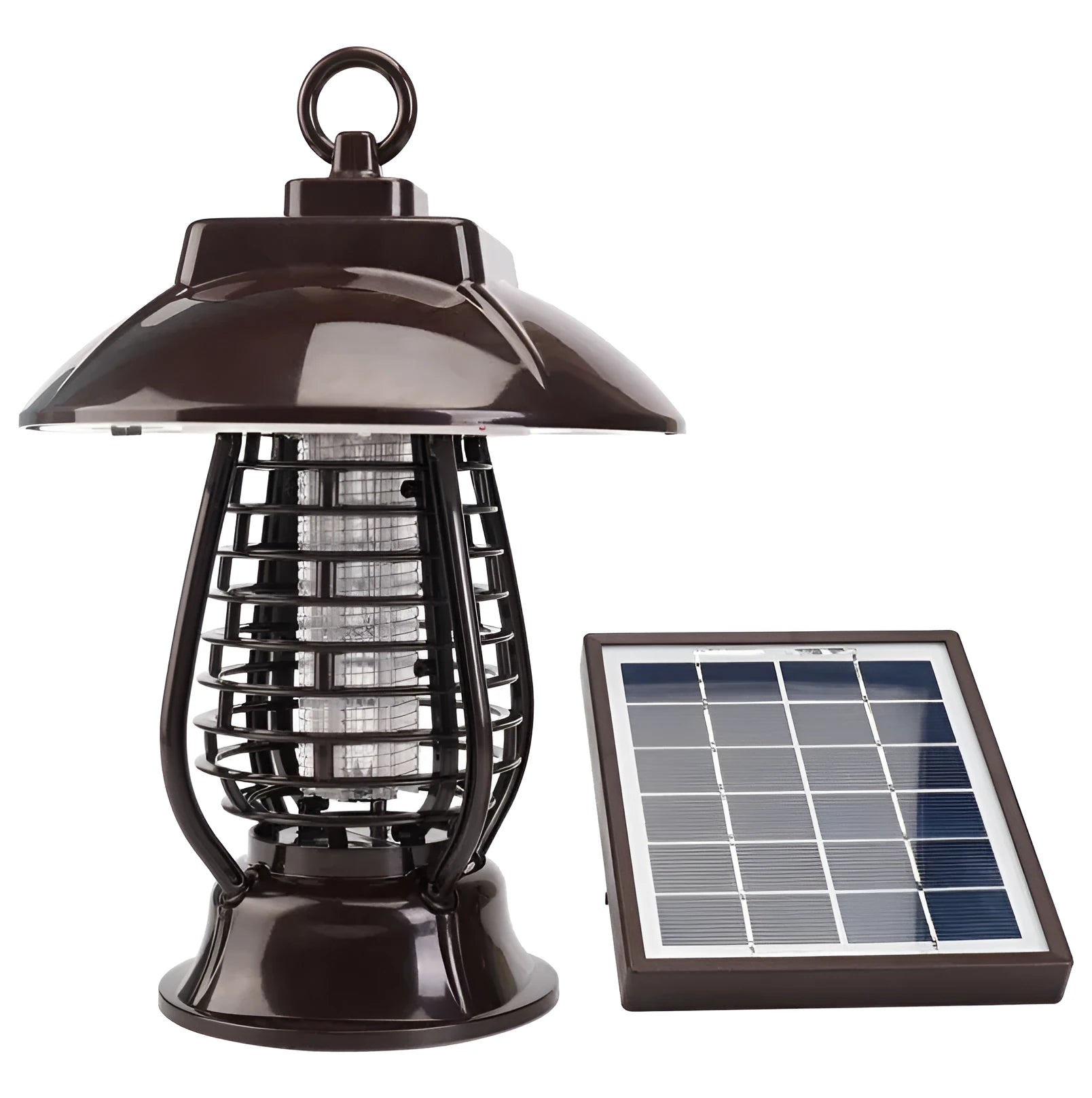 Black solar-powered insecticidal lamp with solar panel and LED lights for outdoor mosquito control