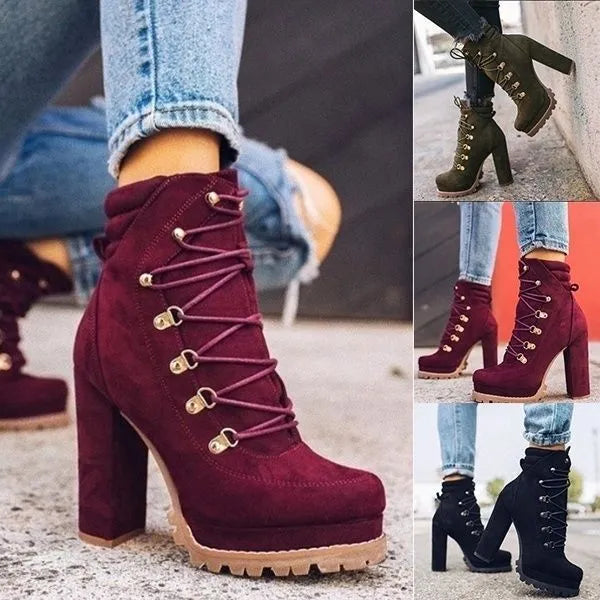 Women's suede high-heel ankle boots in army green with thick block heel and round toe