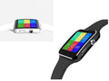 Black smart watch with 1.54 inch touch screen and silicone strap on a wrist.