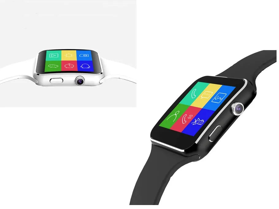 Black smart watch with 1.54 inch touch screen and silicone strap on a wrist.
