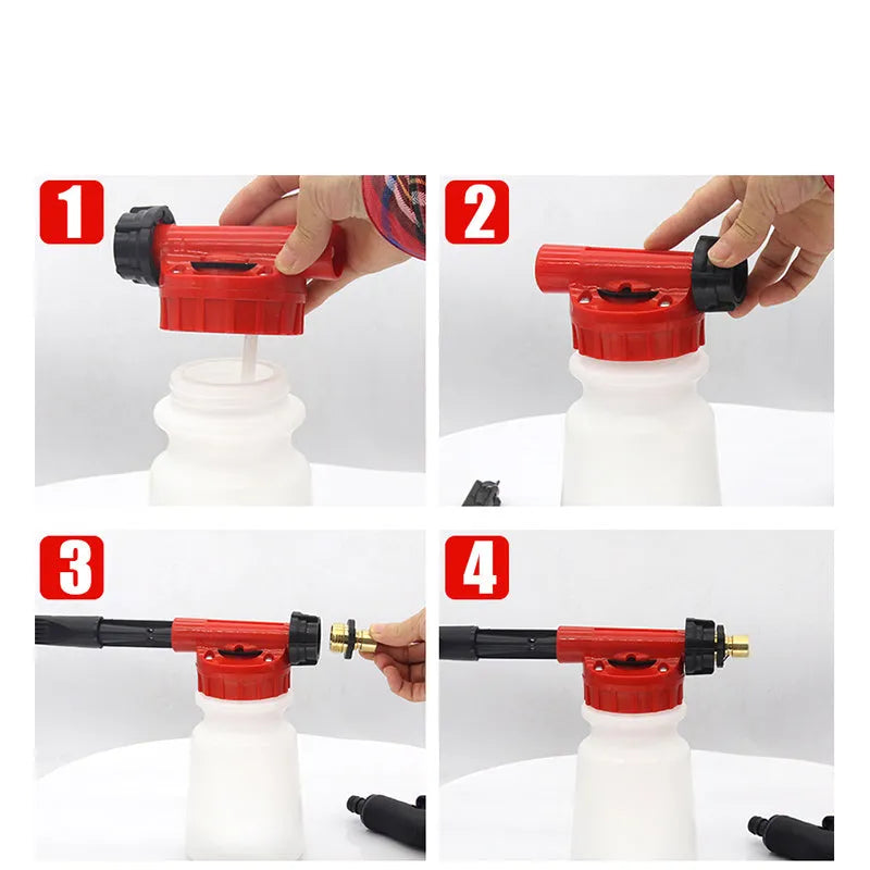A grey foam pot high pressure water gun for garden use on a wooden surface.