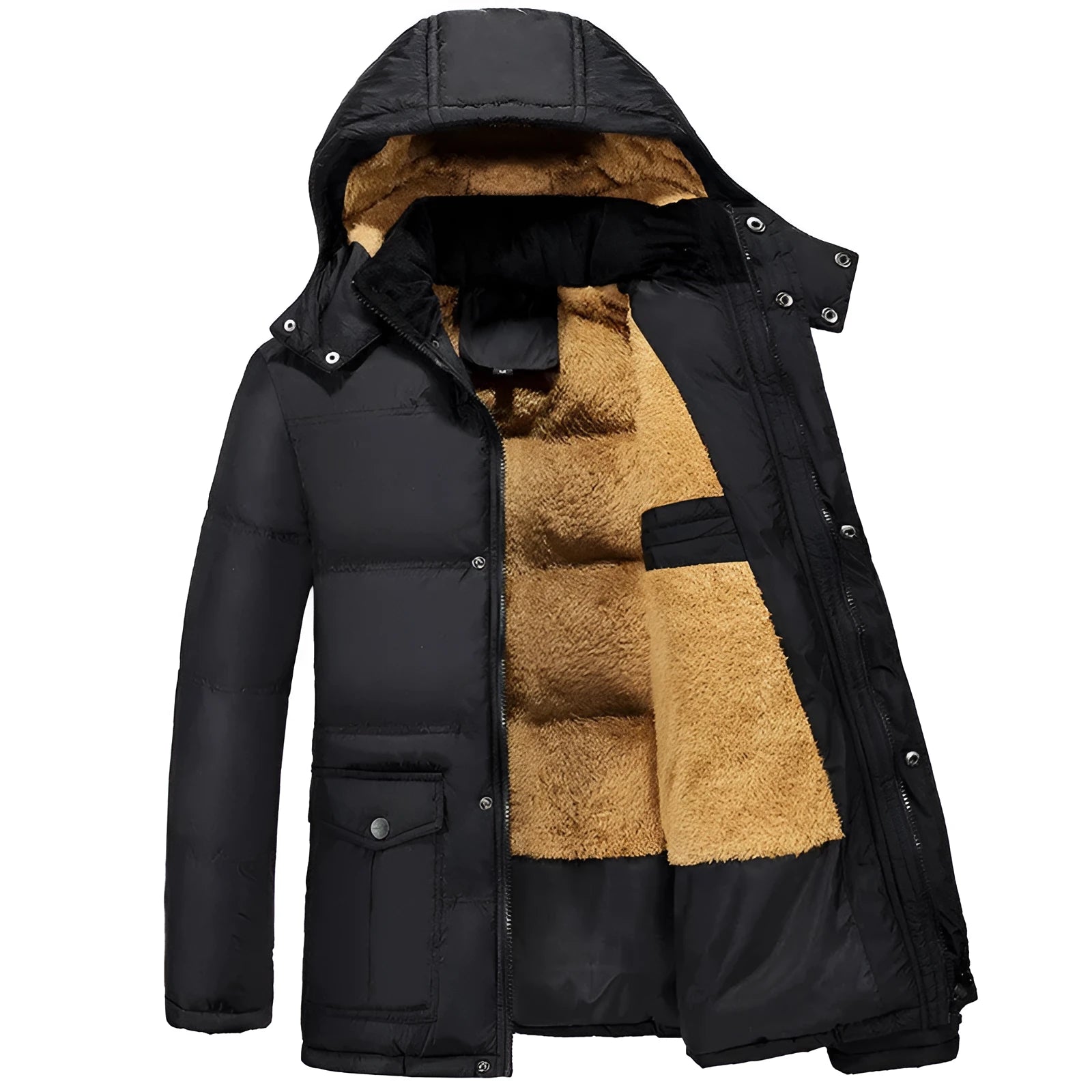 Men's black velvet padded winter jacket with hood and double-breasted front