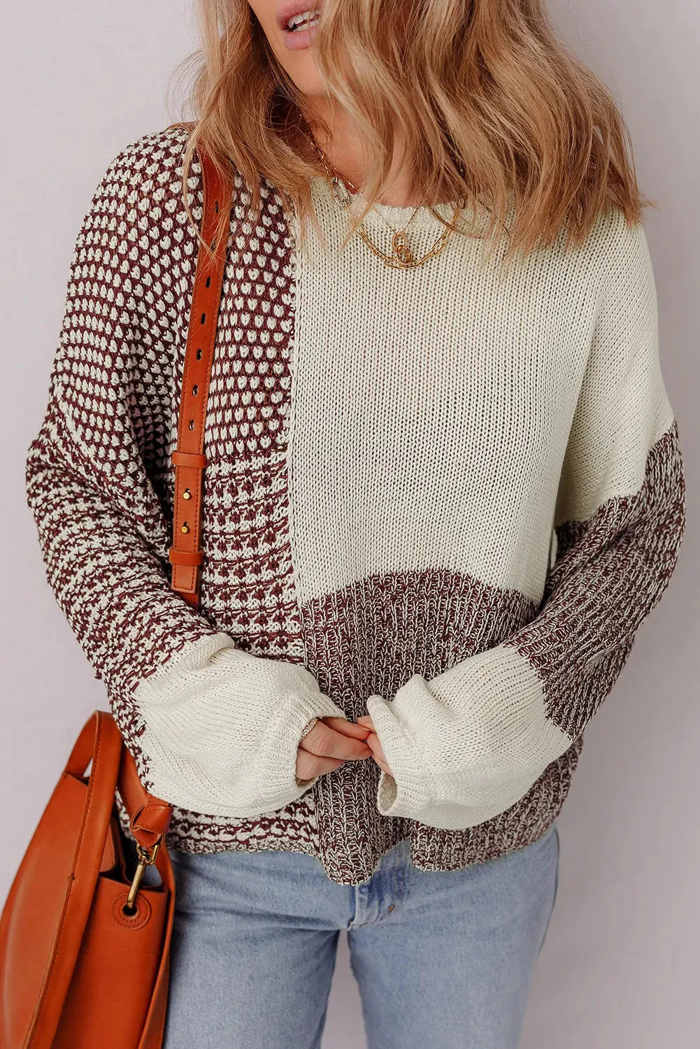 Dark khaki colour block women's sweater with drop shoulders and back tie detail