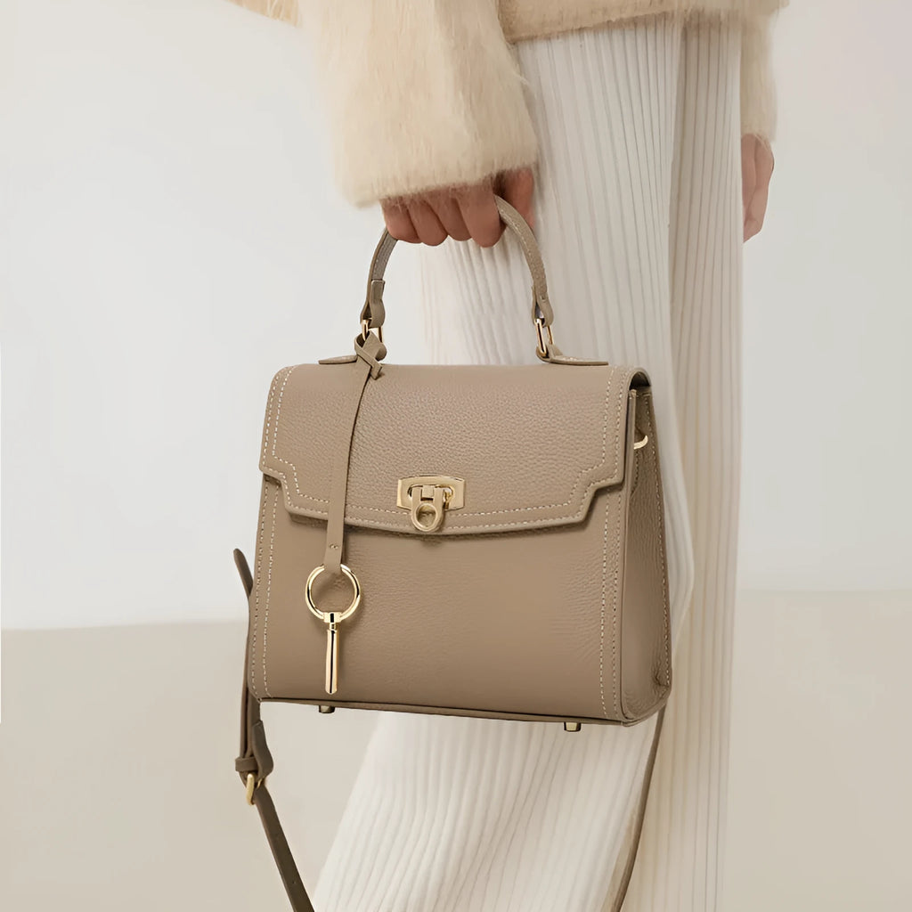 Elephant grey genuine leather handbag with litchi pattern texture and vintage lock hardware