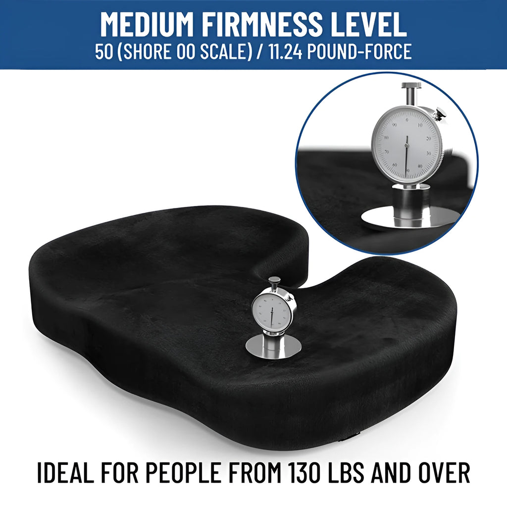 Black flannel memory foam seat cushion measuring 46 by 36 by 7 centimetres with a U-shaped design.