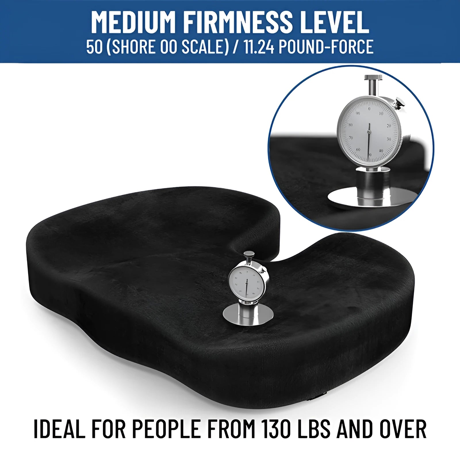 Black flannel memory foam seat cushion measuring 46 by 36 by 7 centimetres with a U-shaped design.