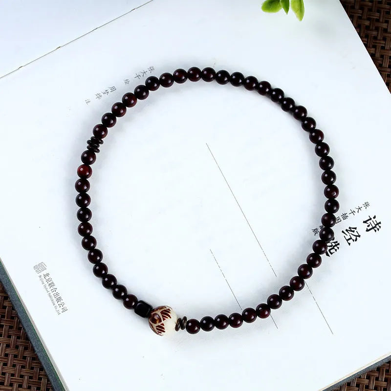 Natural rosewood double-ring bracelet with 10mm flower beads and retro knitting construction