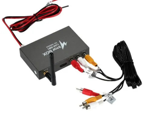 Black car Wi-Fi mirror converter box with cables for smartphone and tablet connectivity to vehicle entertainment systems