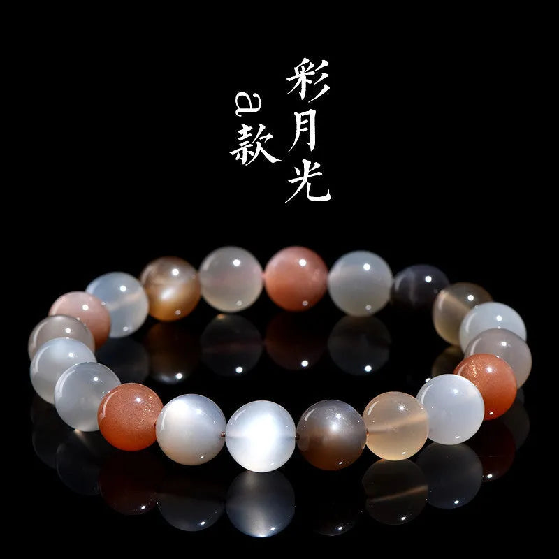 Natural moonstone bracelet with colourful pattern showing 8mm beads in single circle configuration
