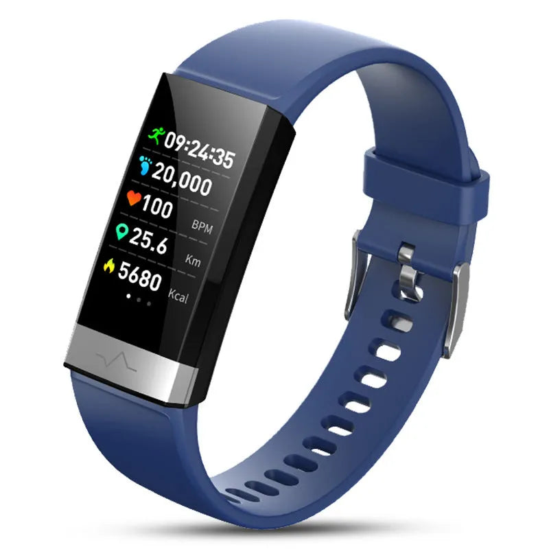 V19 smart bracelet in black, blue, or red on a wrist, showing its colour display with health metrics.