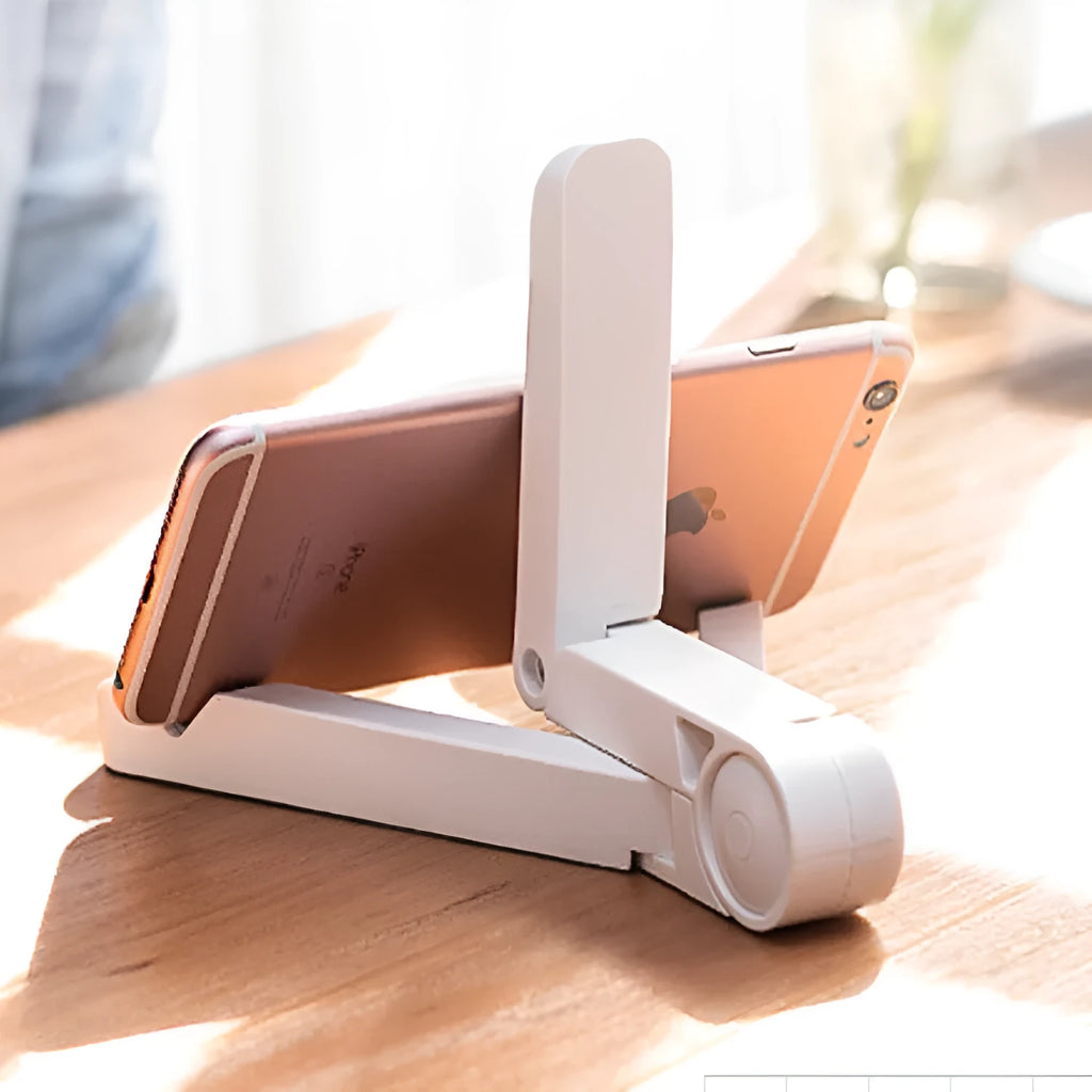 Black foldable tablet holder showing adjustable angle stand with phone positioned in landscape orientation
