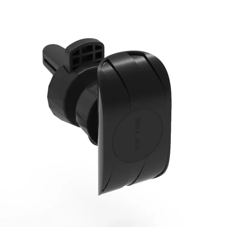 Black car phone holder mounted on car air vent with smartphone secured in adjustable clamp
