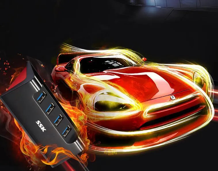 Black USB expansion dock with four USB ports and Micro USB power connection measuring 100mm x 50mm