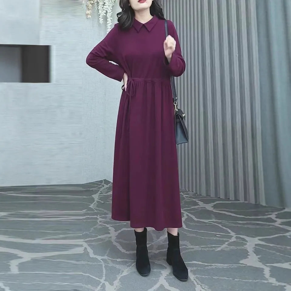 Purplish red plus size women's dress with long sleeves and long skirt for autumn winter wear