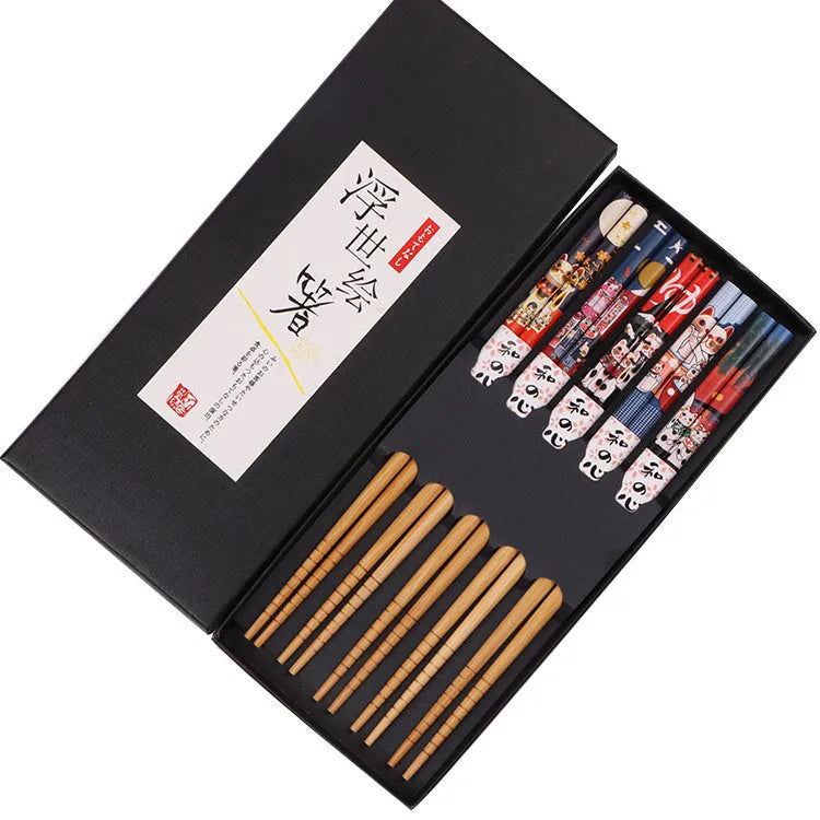 Five pairs of Japanese pattern bamboo chopsticks in gift box with lucky cat or blue designs