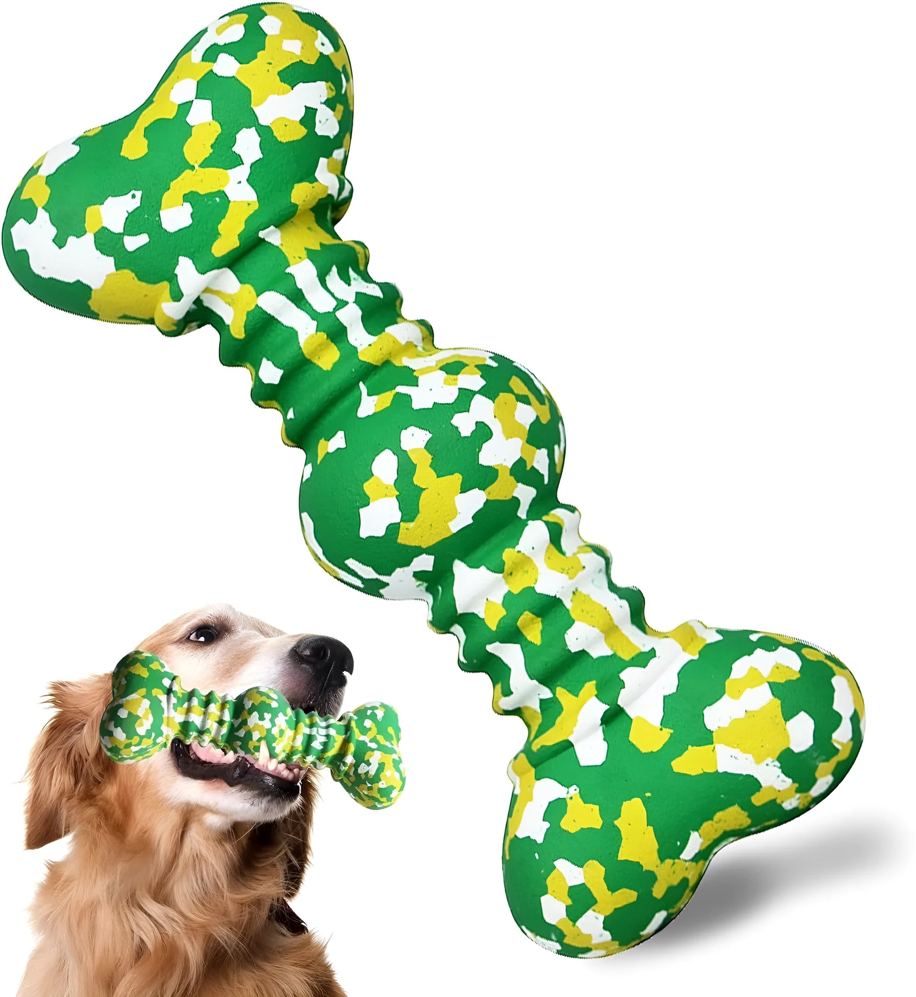 Natural rubber dog chew toy in camouflage colours for medium and large aggressive chewers