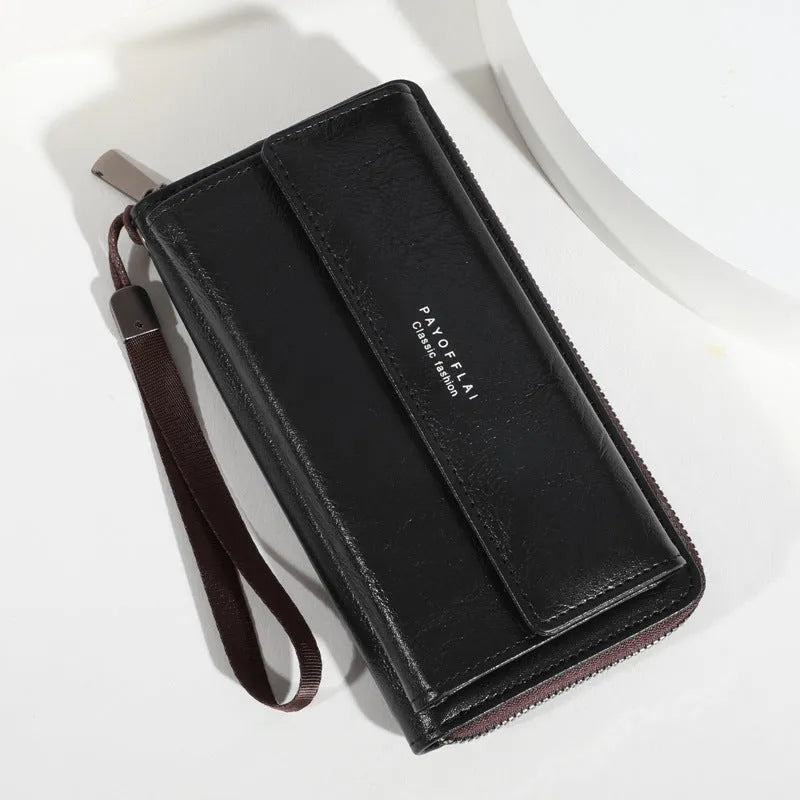 Men's black PU leather long wallet with multiple card slots, shown next to a brown version.