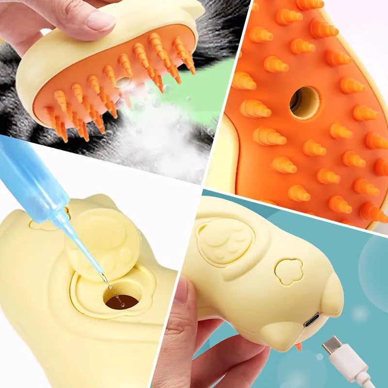 3-in-1 steamy cat and dog brush with ergonomic handle for grooming and hair removal
