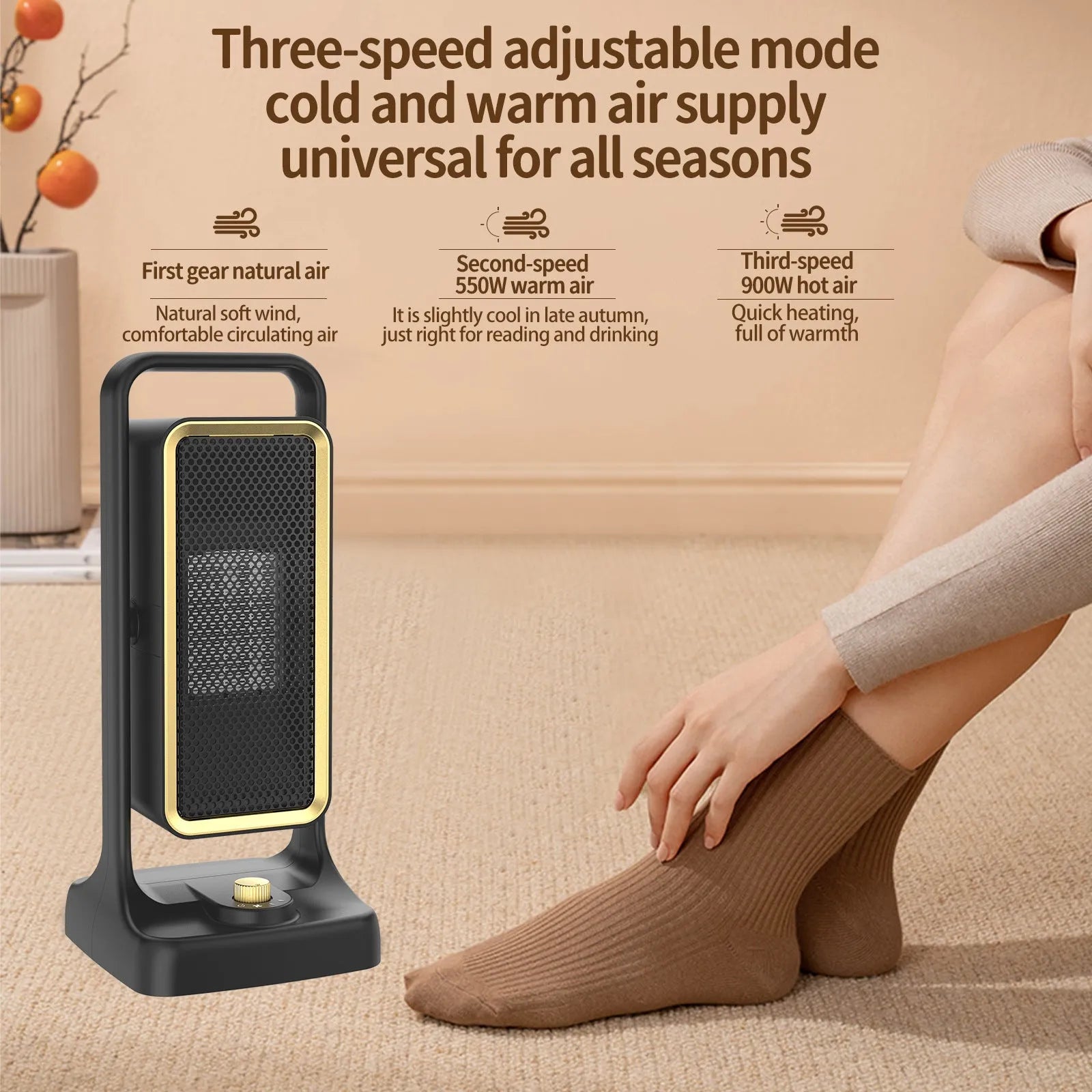 Compact black desktop PTC ceramic air heater with control knob on front.