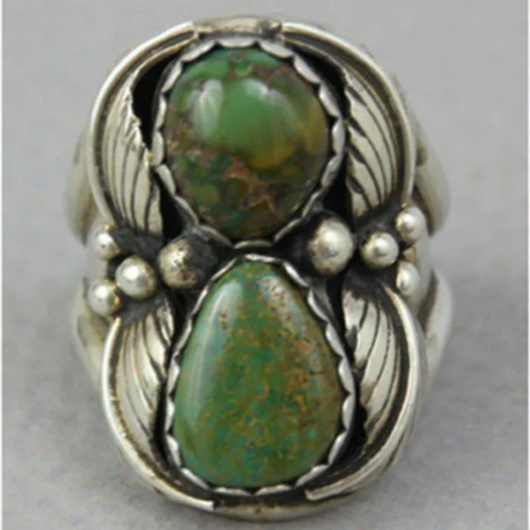 Turquoise retro ring with geometry inlaid pattern on alloy band