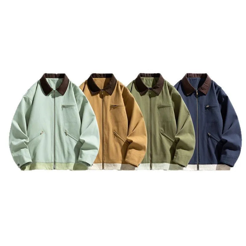 Men's American retro workwear jacket with contrast colour lapels in polyester fabric