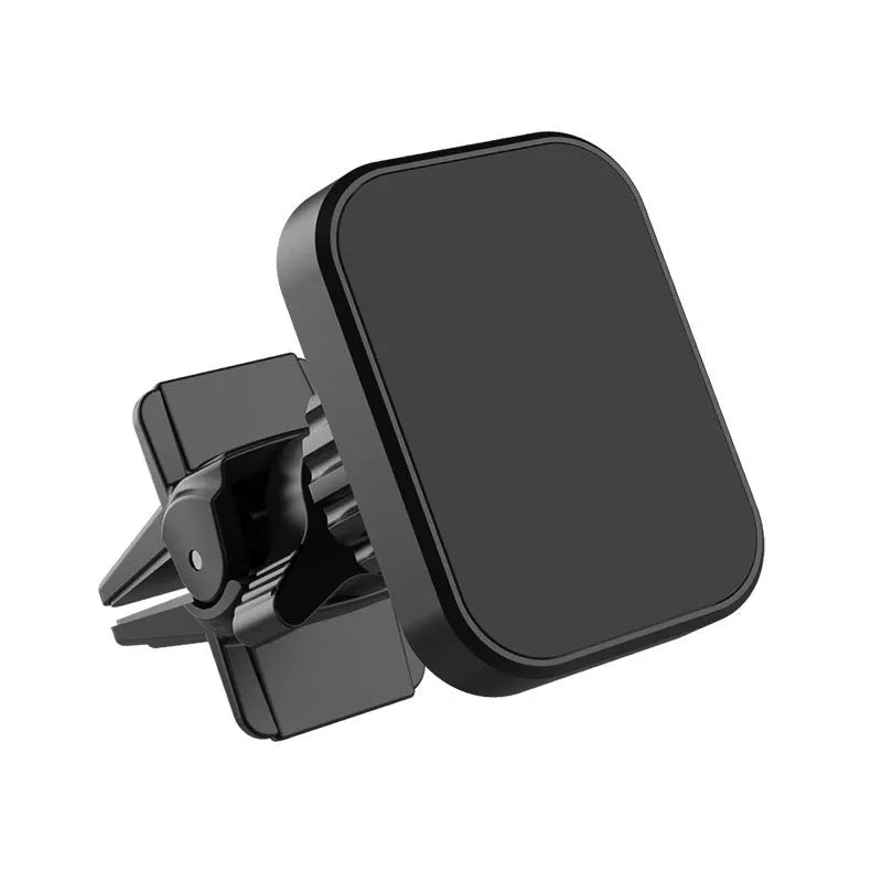 Black magnetic car phone holder attached to vehicle air vent with mobile phone mounted