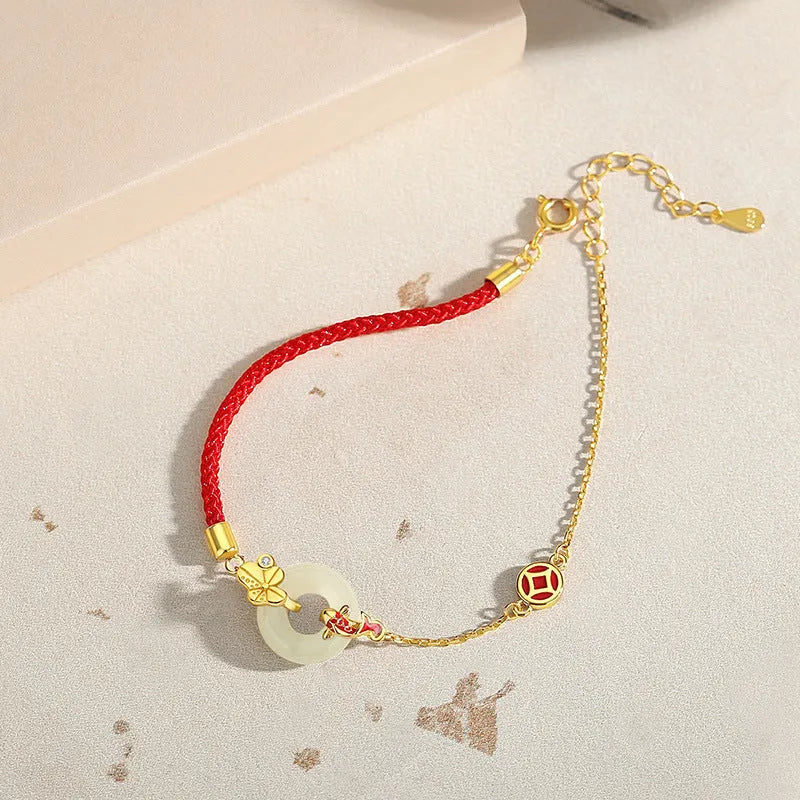 Women's gold electroplated 925 silver koi fish peace buckle bracelet with adjustable red rope