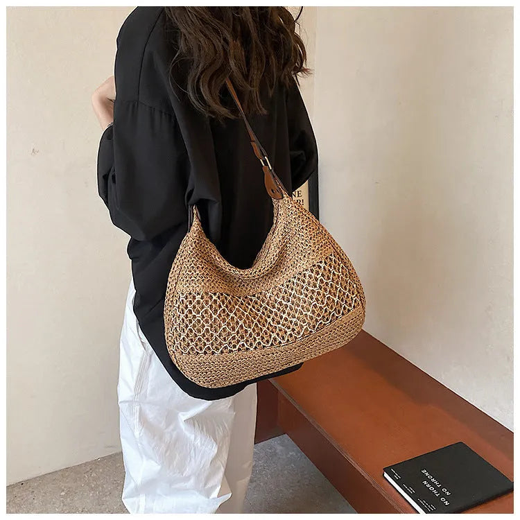 Women's straw cross body bag in khaki colour with sandwich pocket and horizontal square shape