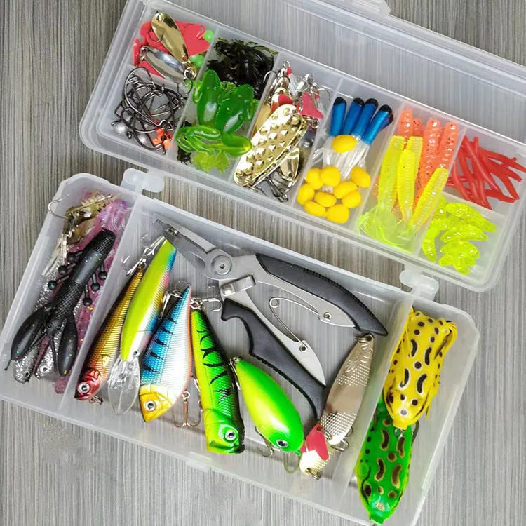 142-piece fishing lure set with hard mino sequins, metal lures, plastic bait, and fishing pliers