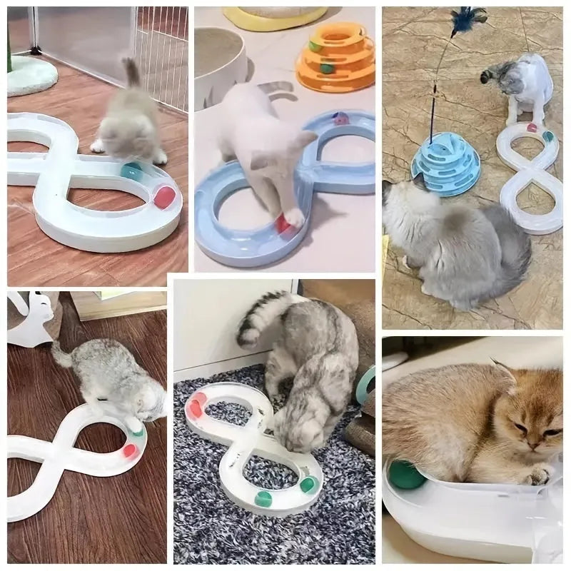 Blue and white cat turntable track ball toy with built-in teaser stick measuring 50 cm