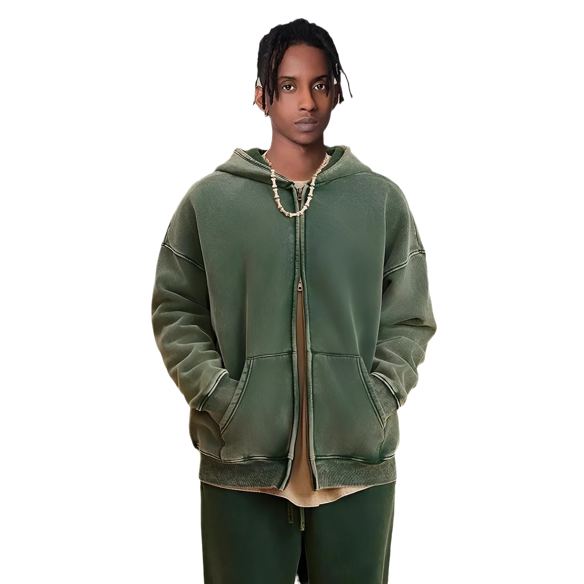Man wearing a washed black fleece-lined hooded cardigan with a double zipper