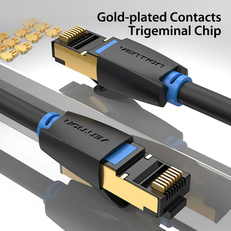 CAT8 shielded flat and round ethernet cables with RJ45 connectors in various lengths from 0.5 to 10 metres