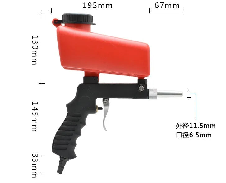 Portable pneumatic sandblasting gun with tank and 6.5mm nozzle in black or blue colours