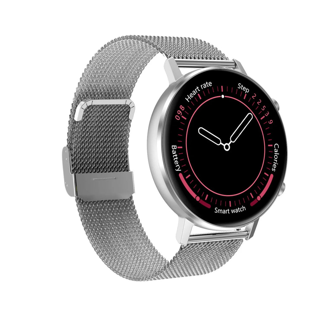 DT96 smart bracelet with 1.3 inch screen and steel strap in black, rose gold, or silver colours
