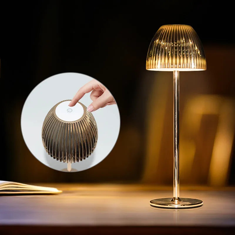 Ins pattern dimmable night lamp with thin round base in black or white, placed on a bedside table.