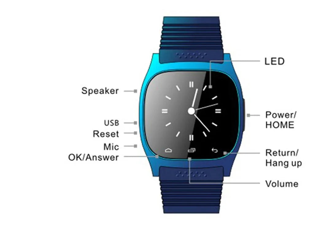 Smart Bluetooth sports watch in black white blue colours with fitness tracking features