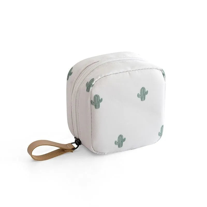 Plain cloth cube-shaped makeup storage bag shown in blue, pink, white, and white pink colour options.