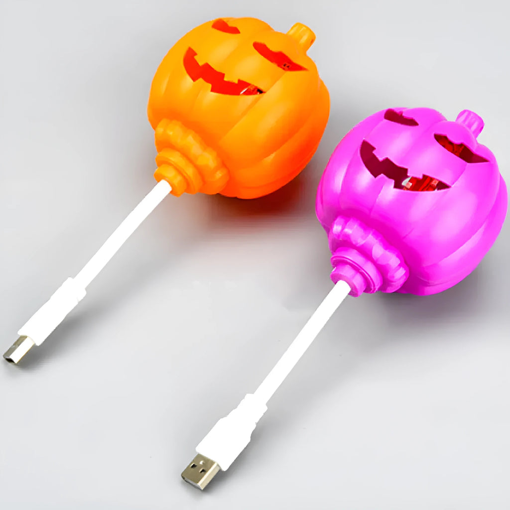 Pumpkin-shaped decorative lamp with USB cable for purple or yellow ambient lighting