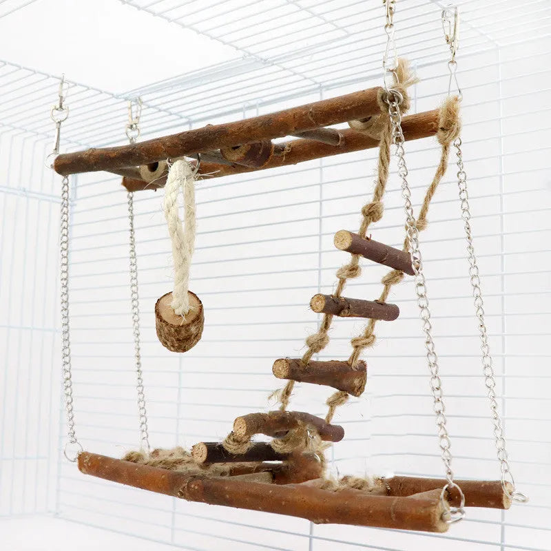 Wooden suspension bridge ladder climbing frame toy for small pets in natural wood colour, size 27x8x23cm