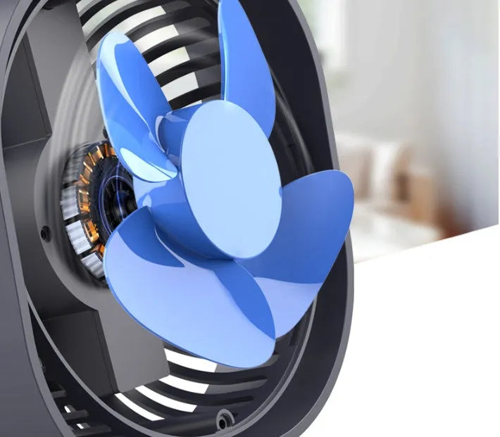 USB charging desk fan with alarm clock in blue colour on a desk